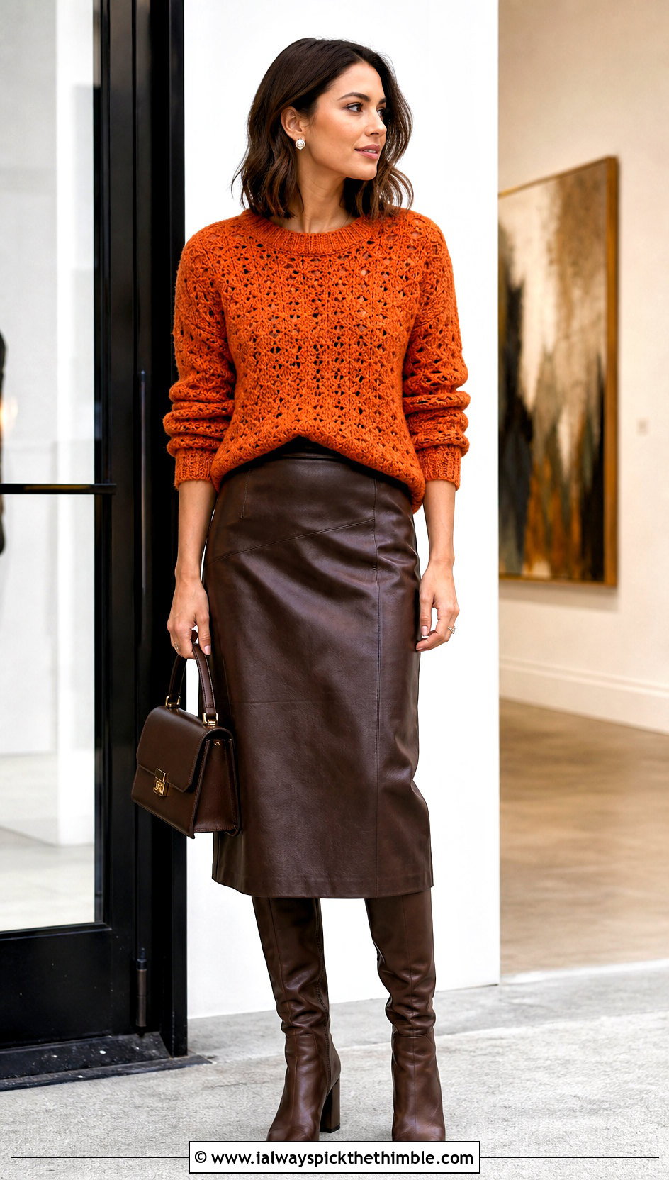 Crochet Sweater With Leather Midi Skirt - 20 trendy crochet clothes and outfit ideas