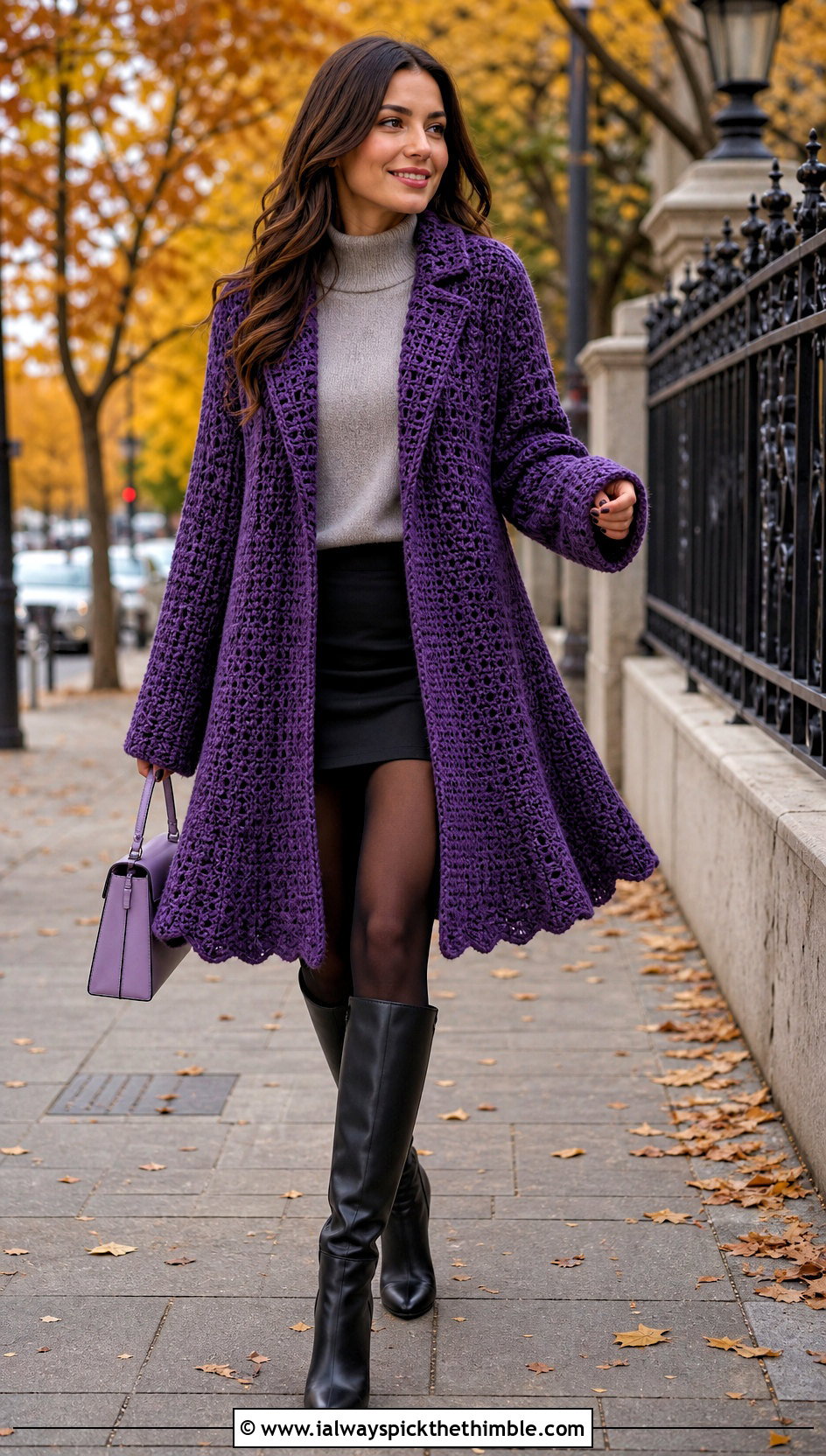 Crochet Swing Coat With Mini Skirt And Tall Boots - 25 crochet coat outfit ideas