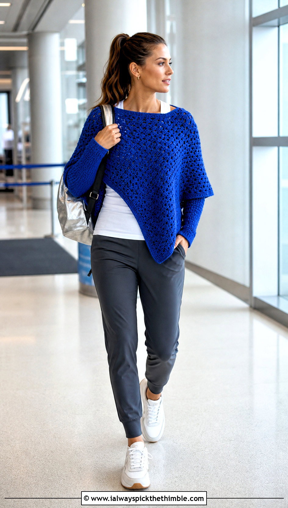 Crochet Swoncho With Track Pants - 20 Simple Crochet Poncho outfit ideas