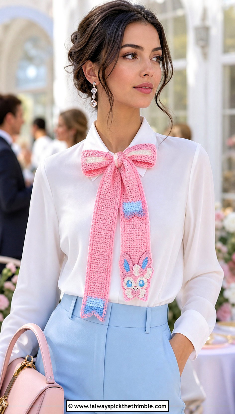Crochet Sylveon Ribbon Scarf With White Blouse - 20 Crochet Pokemon Scarf outfit ideas