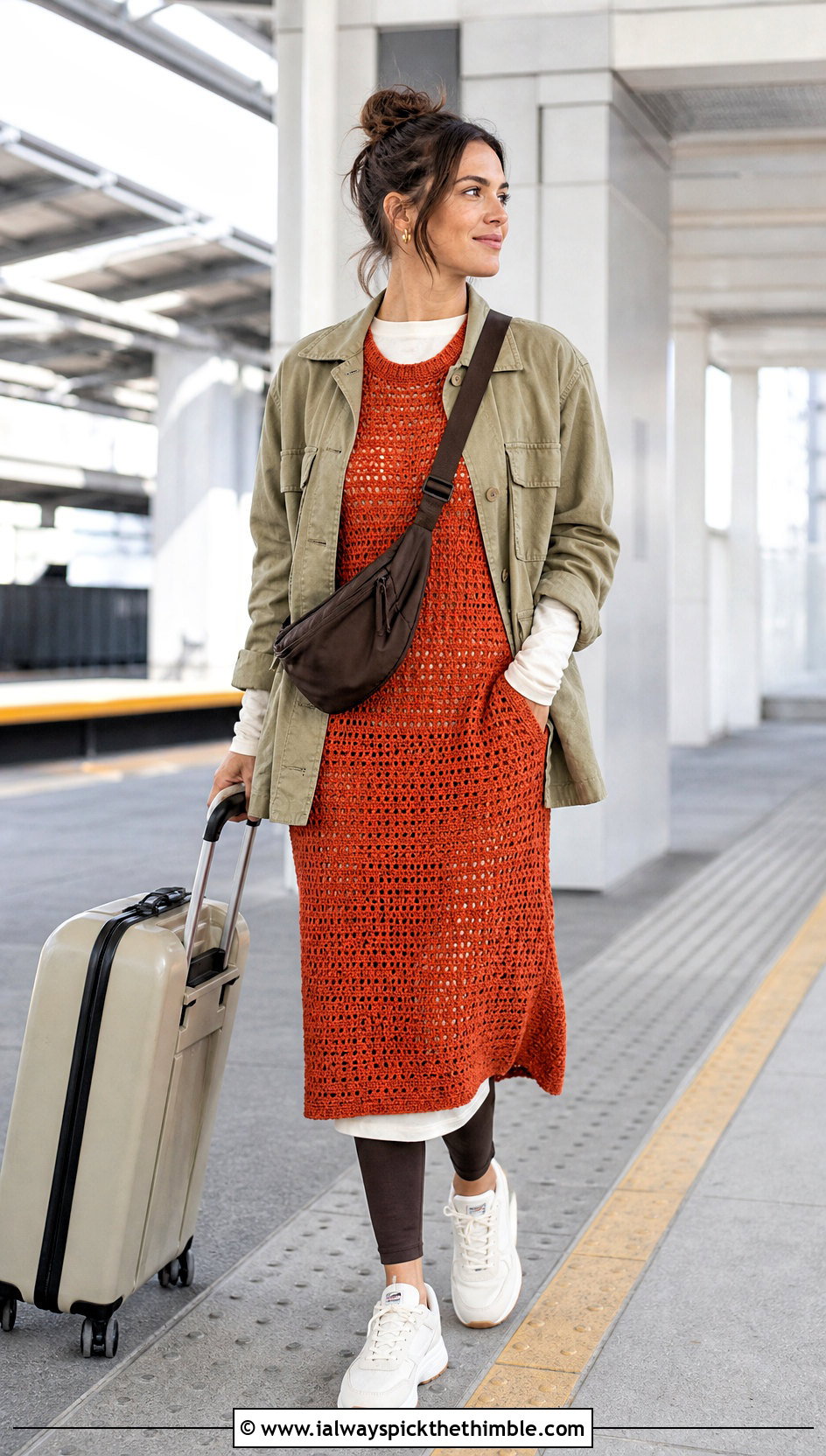 Crochet T Shirt Dress With Leggings And Sneakers - 20 modest crochet dress outfit ideas
