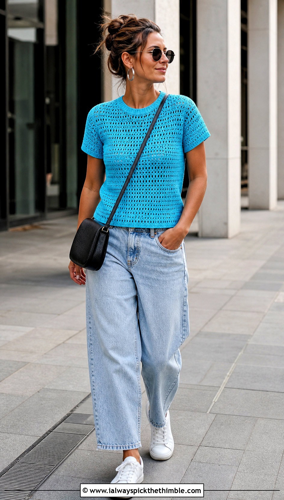 Crochet T Shirt Top With Barrel Jeans - 20 cute easy crochet tops outfit ideas