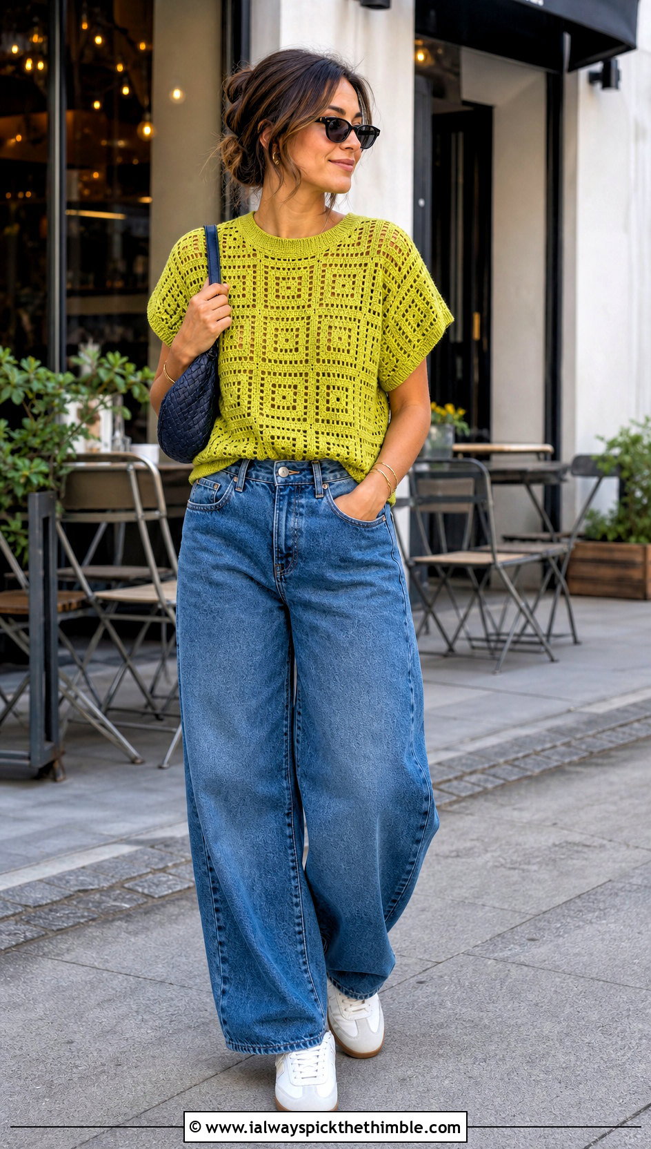 Crochet T Shirt With Barrel Jeans and Sneakers - 20 form crochet top outfit ideas
