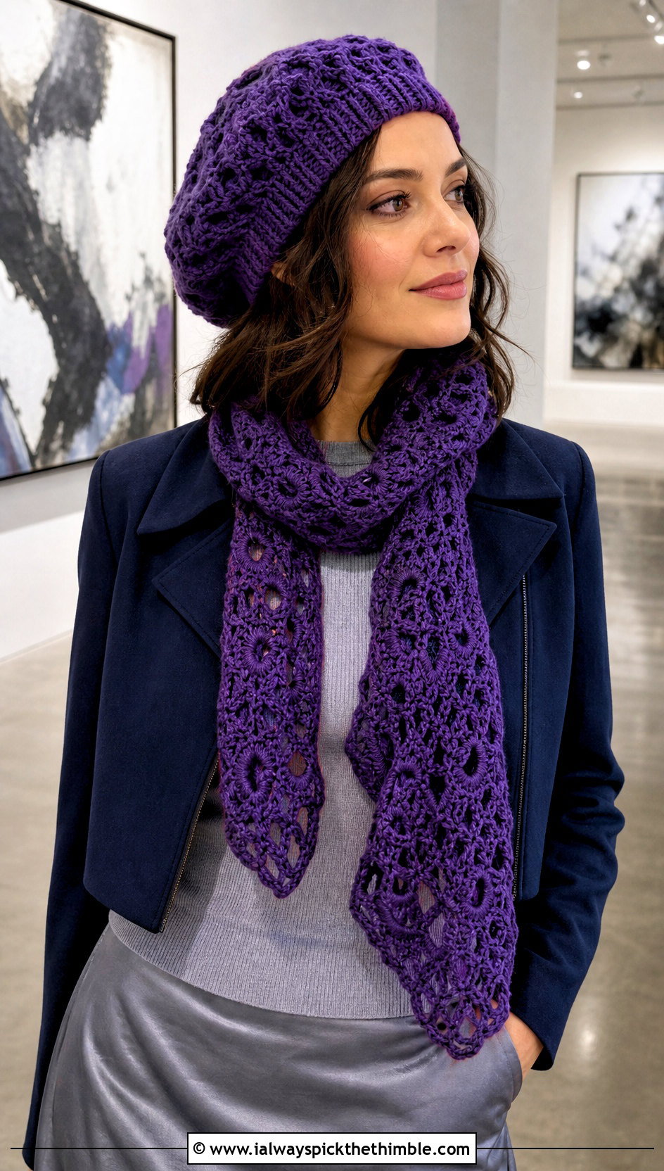 Crochet Tam And Lacy Scarf With Satin Skirt - 20 crochet hat scarf outfit ideas