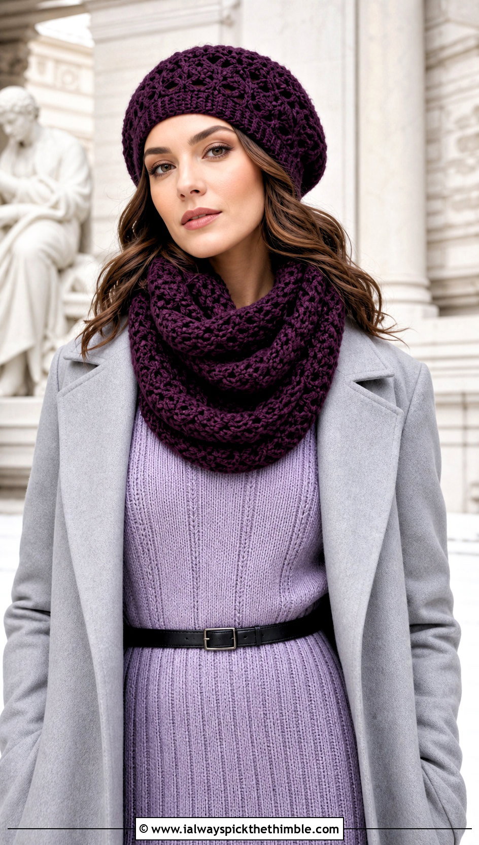 Crochet Tam And Loop Scarf With Knit Midi Dress - 15 Easy Crochet Hat And Scarf Set outfit ideas