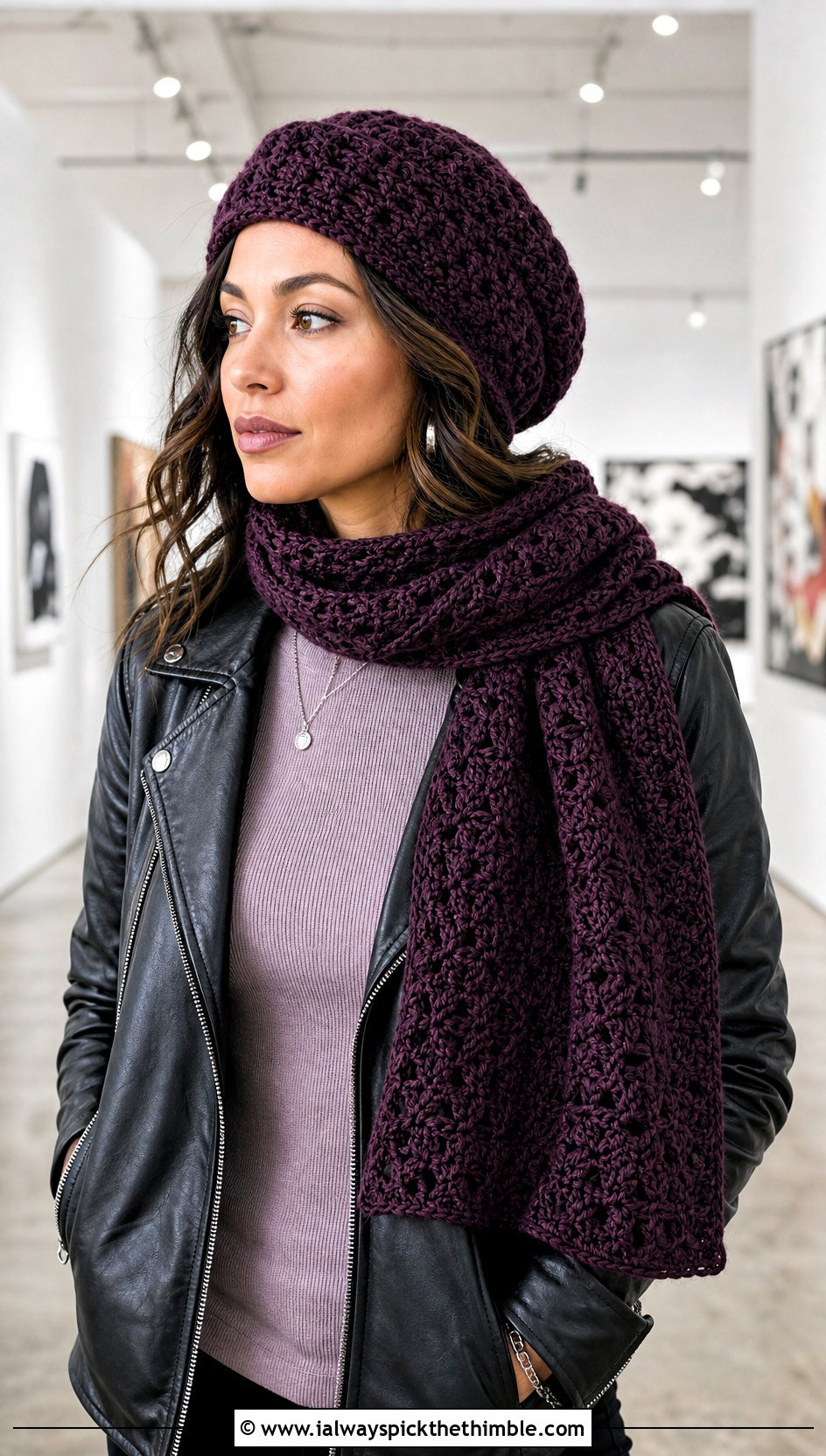 Crochet Tam And Wrap Scarf With Leather Jacket - 25 crochet hat and scarf set outfit ideas