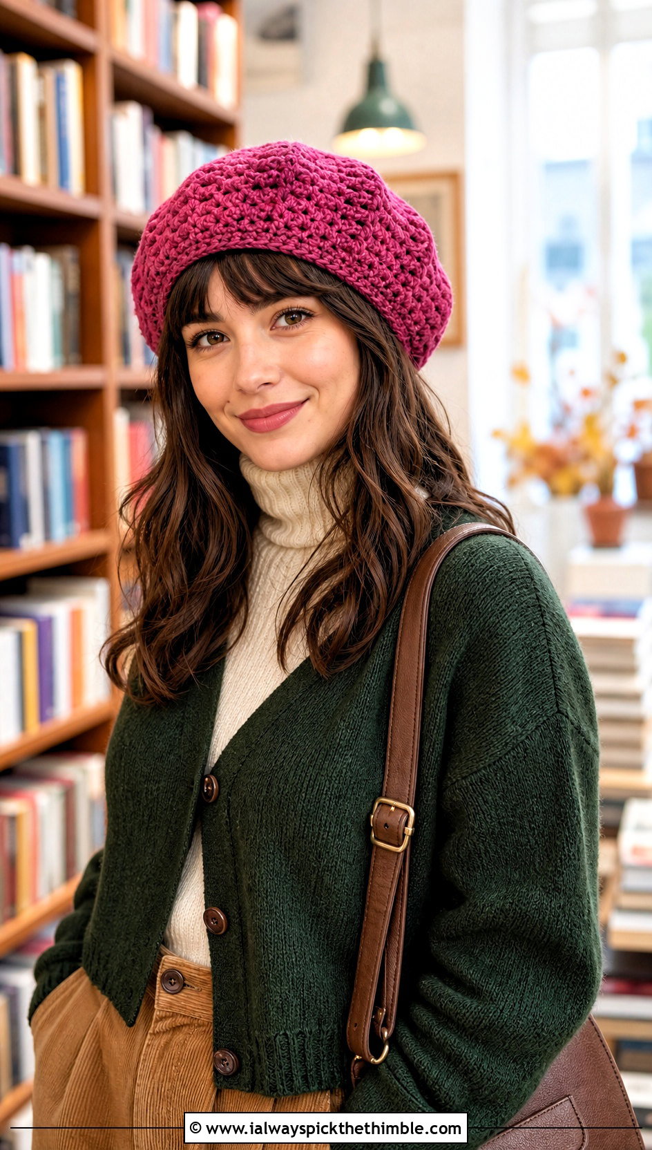 Crochet Tam Cap With Cardigan And Corduroy Pants - 25 crochet caps outfit ideas