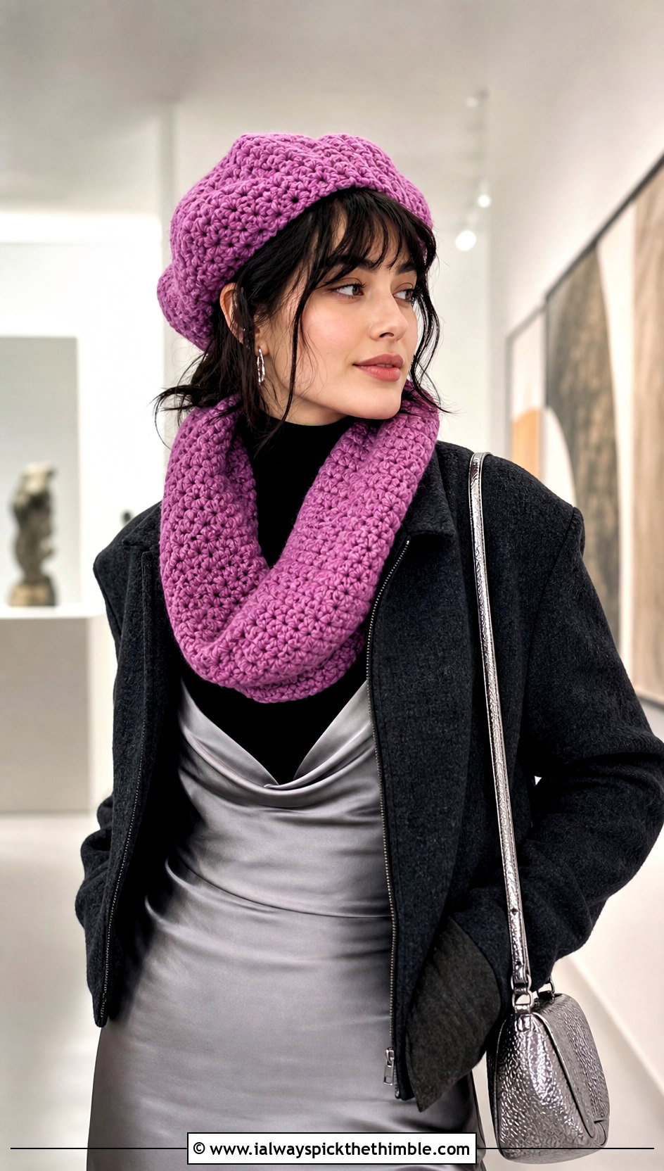 Crochet Tam Hat And Cowl Scarf With Satin Slip Dress - 20 crochet hat and scarf outfit ideas