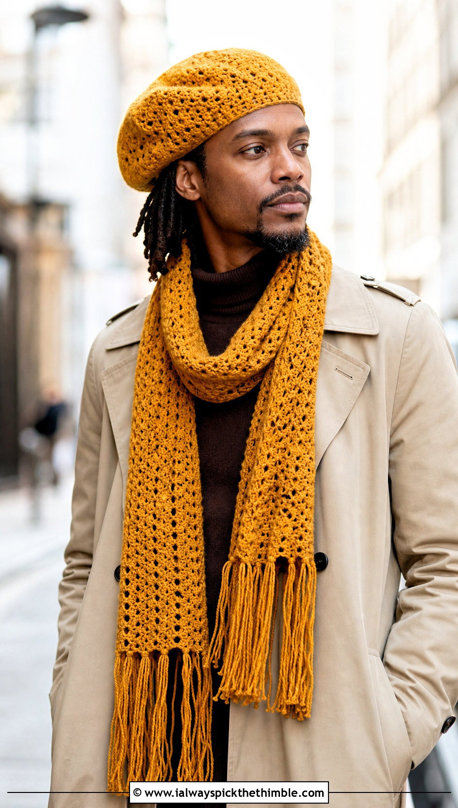 Crochet Tam Hat And Fringed Scarf With Trench Coat - 15 Mens Crochet Hat And Scarf outfit ideas
