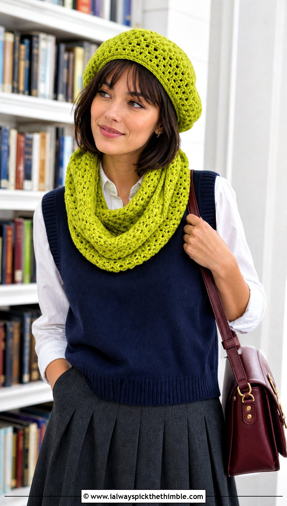 Crochet Tam Hat And Loop Scarf With Sweater Vest - 15 Crochet Scarf Hat outfit ideas