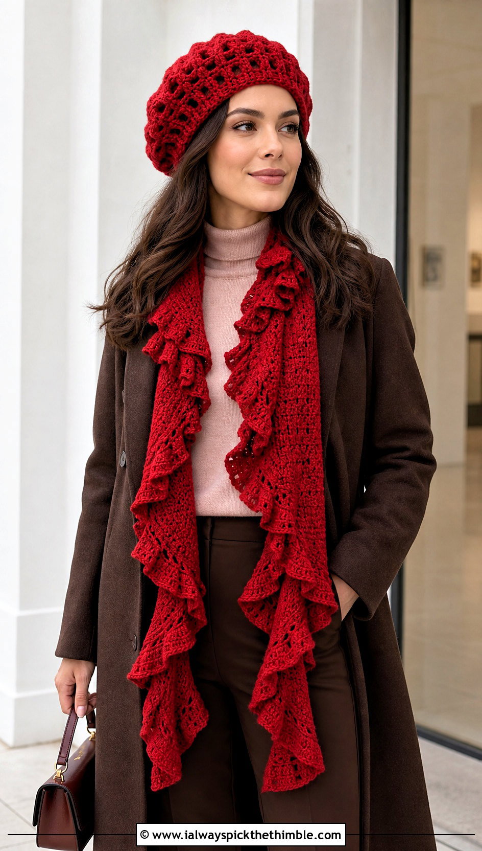 Crochet Tam Hat And Ruffle Scarf With Monochrome Outfit - 20 Crochet Scarf And Hat Set outfit ideas