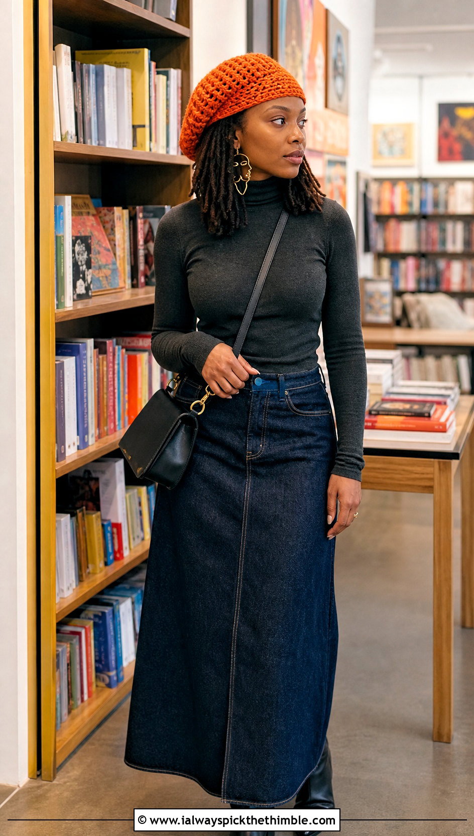 Crochet Tam Hat With Denim Maxi Skirt - 20 crochet hats black women outfit ideas