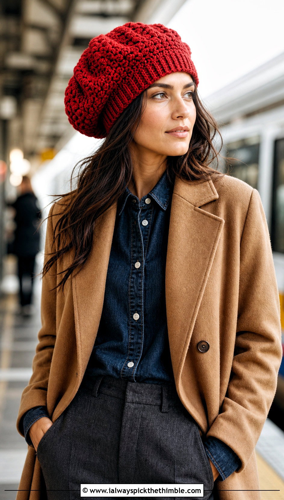 Crochet Tam Hat With Denim Shirt And Wool Trousers - 25 crochet winter hats outfit ideas