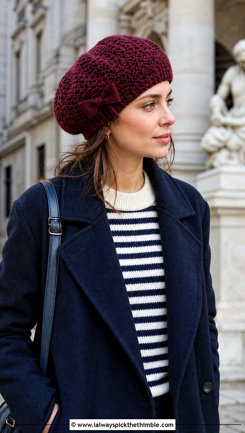 Crochet Tam Hat With Striped Sweater - 20 Crochet Bow Hat outfit ideas