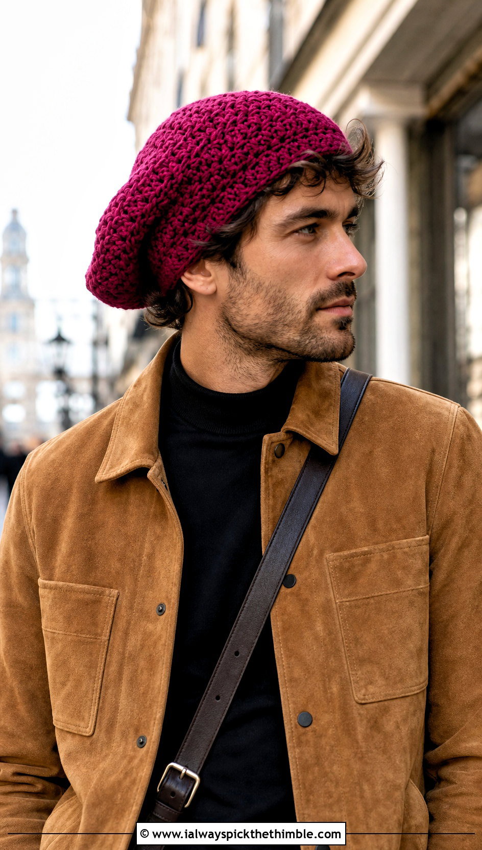 Crochet Tam Hat With Suede Overshirt And Dark Jeans - 20 men crochet hat outfit ideas