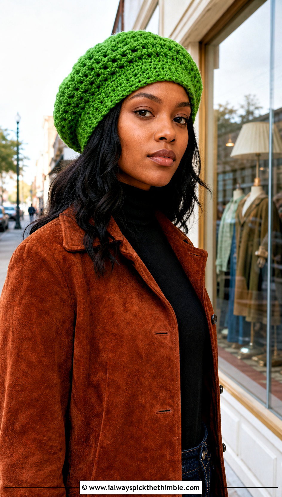 Crochet Tam Hat With Sweater and Flared Jeans - 25 crochet adult hats outfit ideas