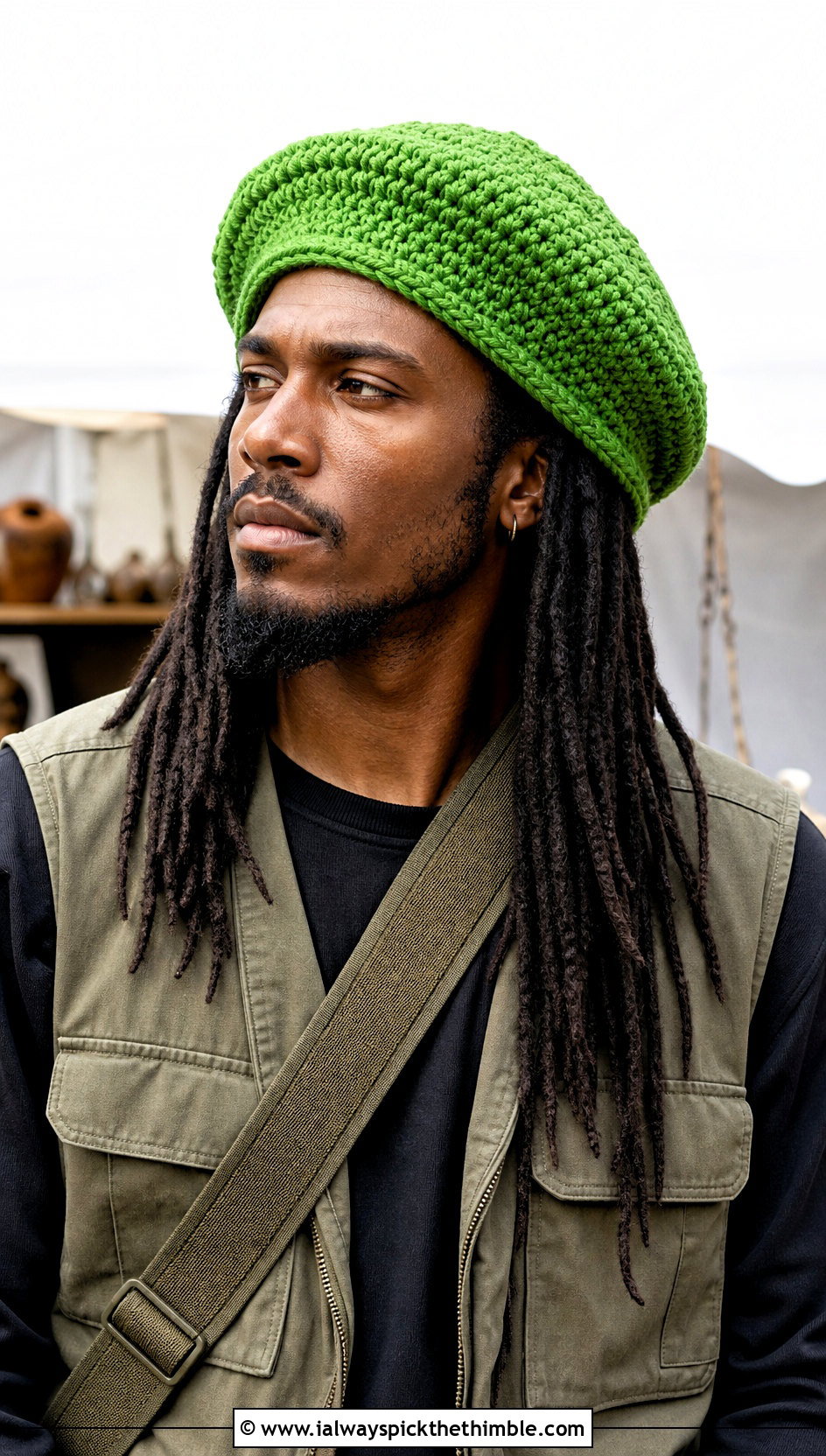 Crochet Tam Hat With Utility Vest - 25 crochet hats for men outfit ideas