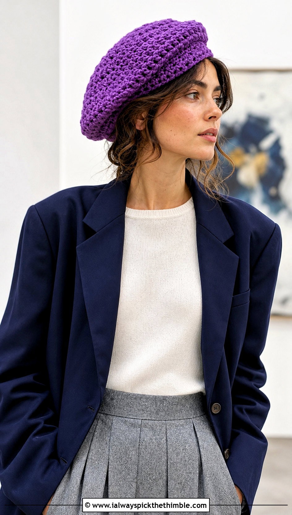 Crochet Tam Slouch Hat With Blazer And Pleated Skirt - 20 slouch crochet hat outfit ideas