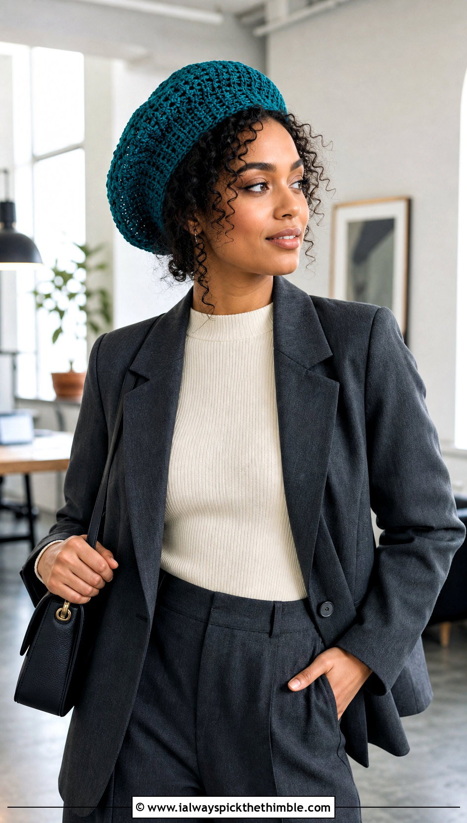 Crochet Tam With Blazer And Wide Leg Trousers - 20 flat crochet hat outfit ideas