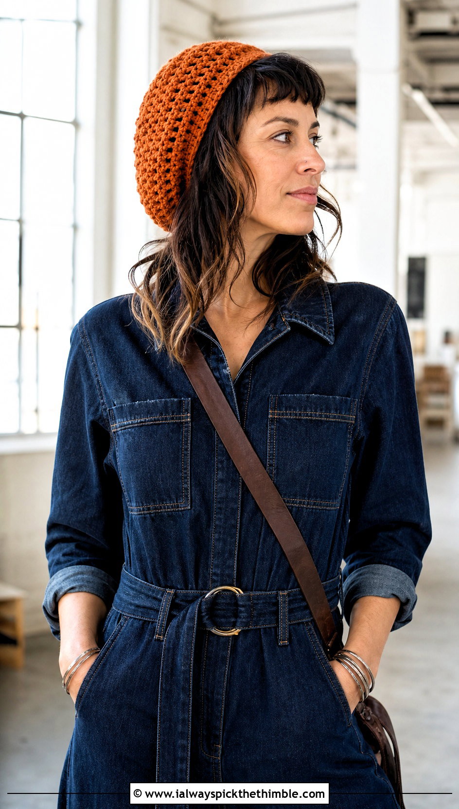 Crochet Tam With Denim Jumpsuit - 25 cute crochet hat outfit ideas