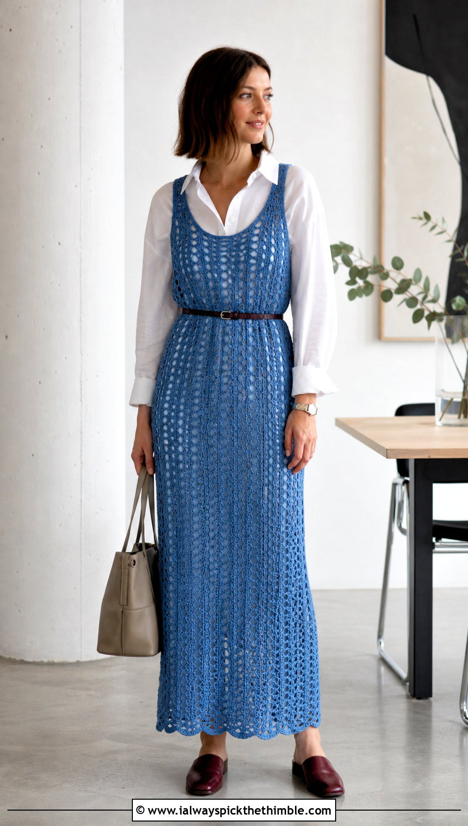 Crochet Tank Maxi Dress With Button Down Shirt - 20 modest crochet dress outfit ideas
