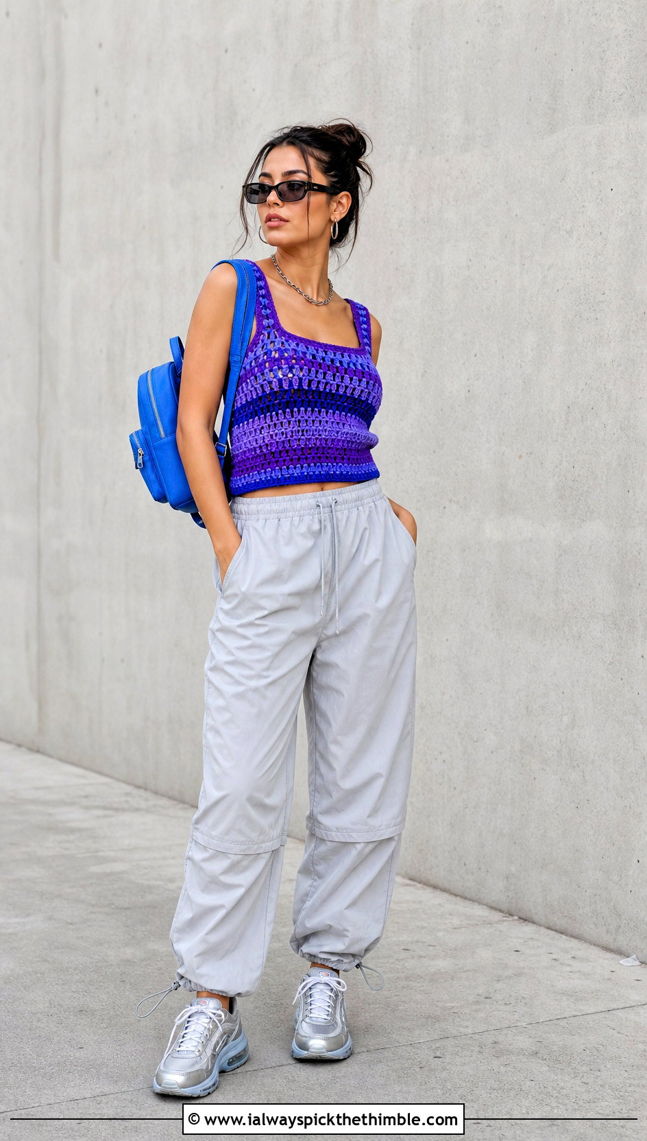 Crochet Tank Top With Parachute Pants - 25 two colors crochet top outfit ideas