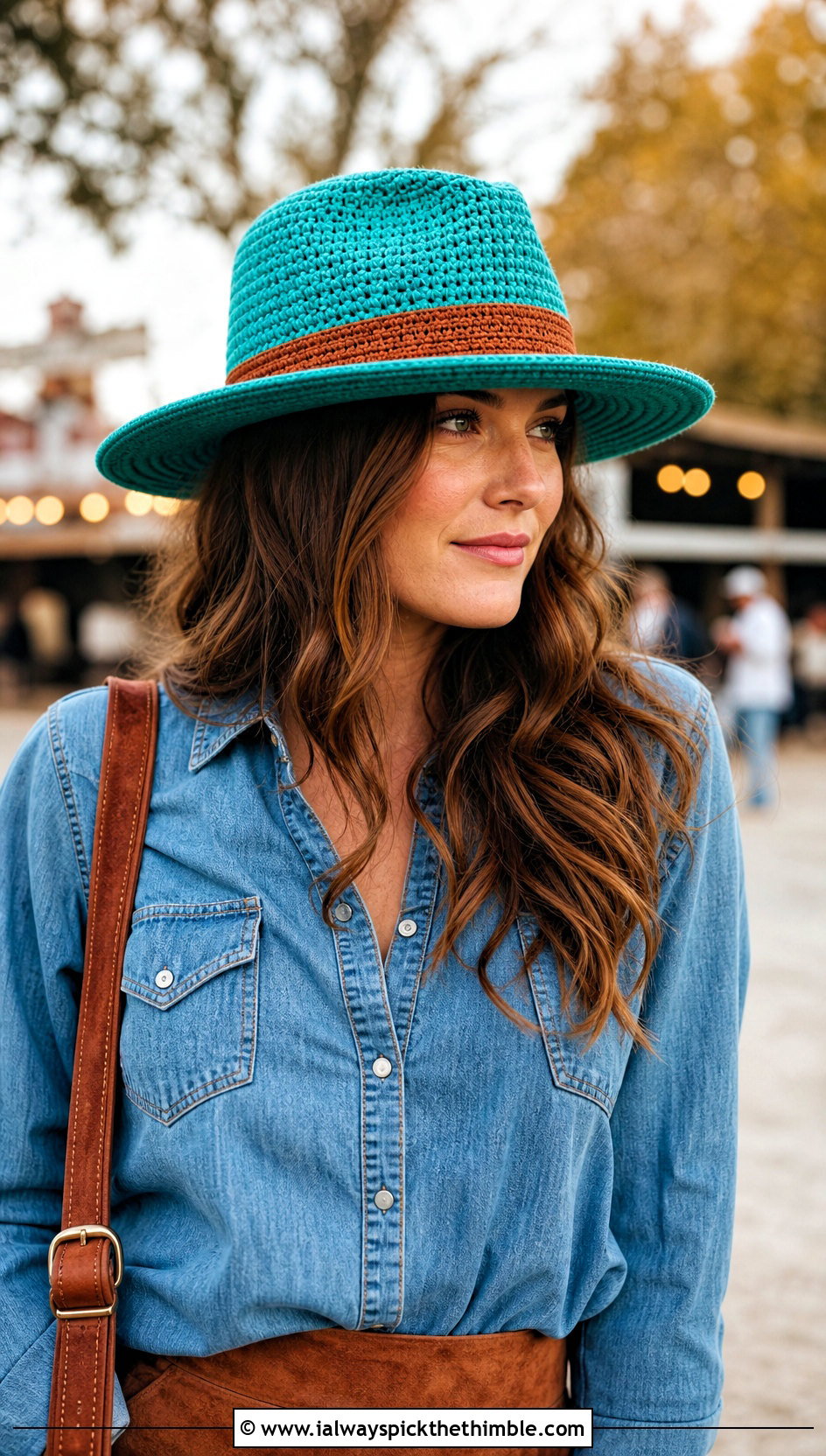 Crochet Team Fedora With Denim Shirt And Suede Skirt - 20 Crochet Team Hat outfit ideas