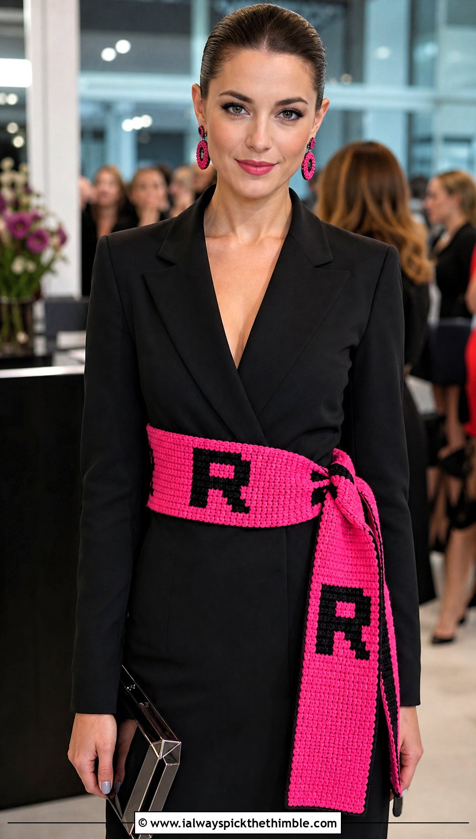 Crochet Team Rocket Pixel Scarf With Blazer Dress - 20 Crochet Pokemon Scarf outfit ideas