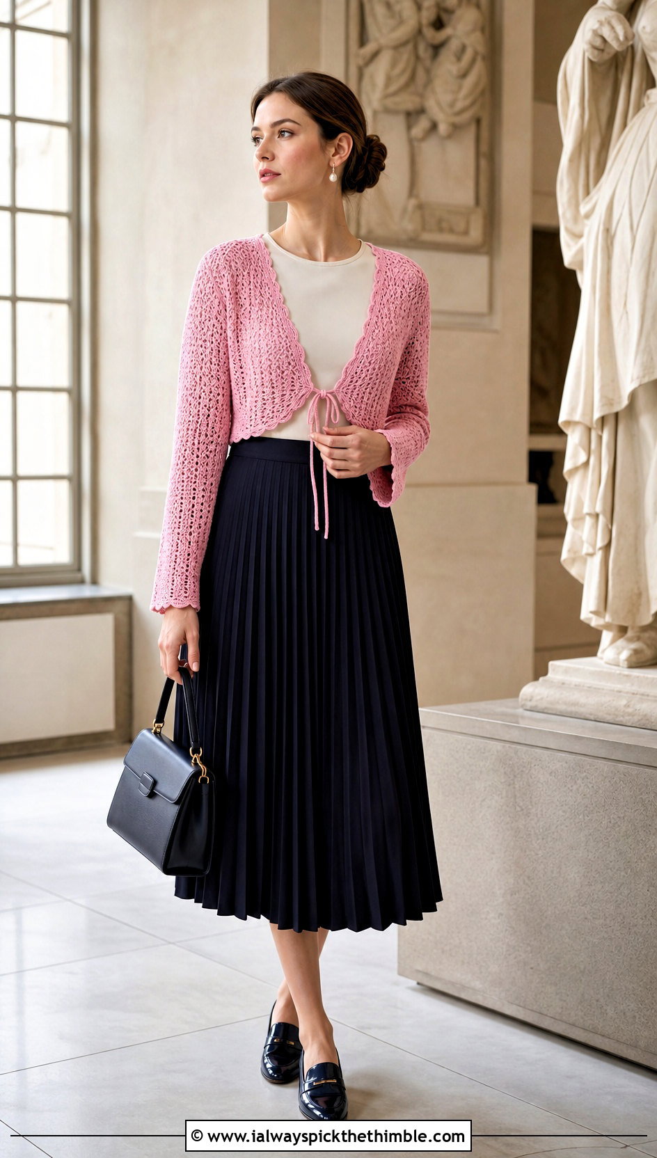 Crochet Tie Bolero Cardigan With Pleated Midi Skirt - 25 crochet tie cardigan outfit ideas