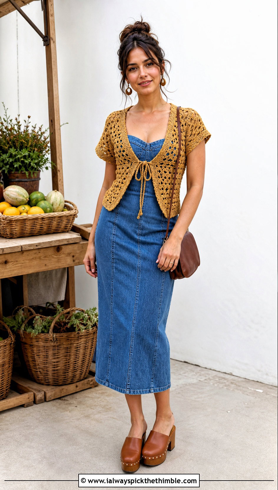 Crochet Tie Front Top Over A Denim Dress - 20 vintage crochet tops outfit ideas