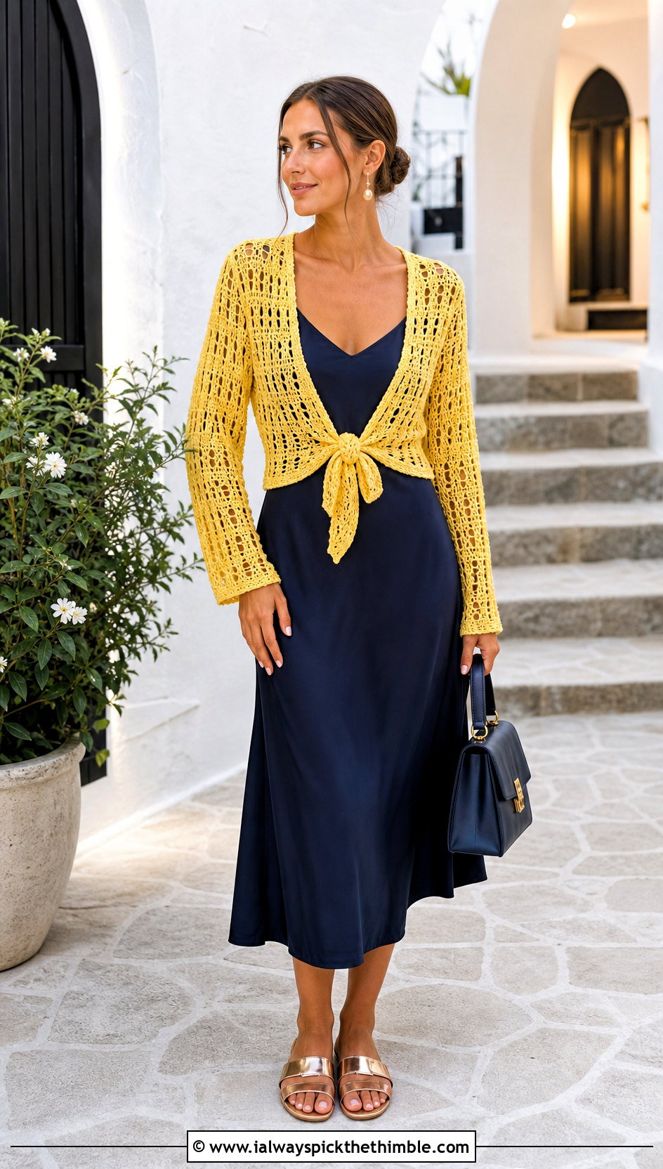 Crochet Tie Front Top Over A Slip Dress - 20 cute easy crochet tops outfit ideas
