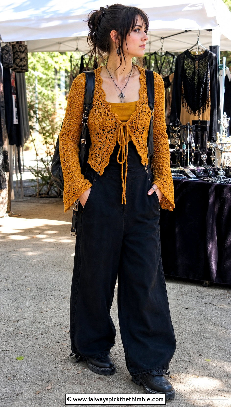 Crochet Tie Front Top With Black Overalls - 25 goth crochet top outfit ideas