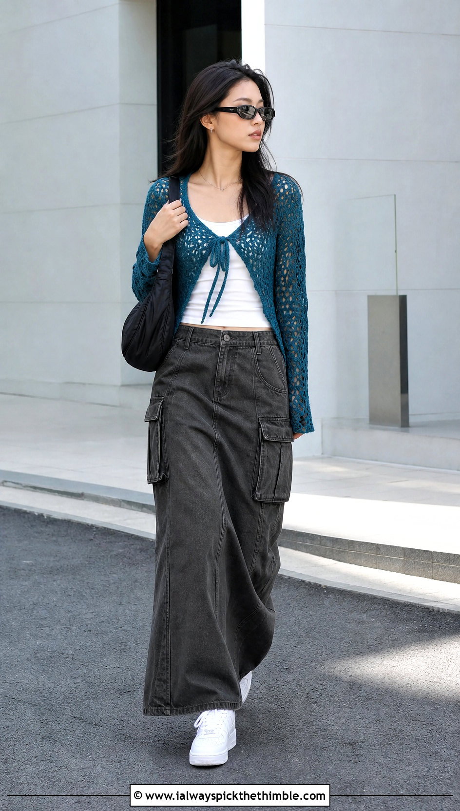 Crochet Tie Front Top With Cargo Maxi Skirt - 20 korean crochet outfits ideas