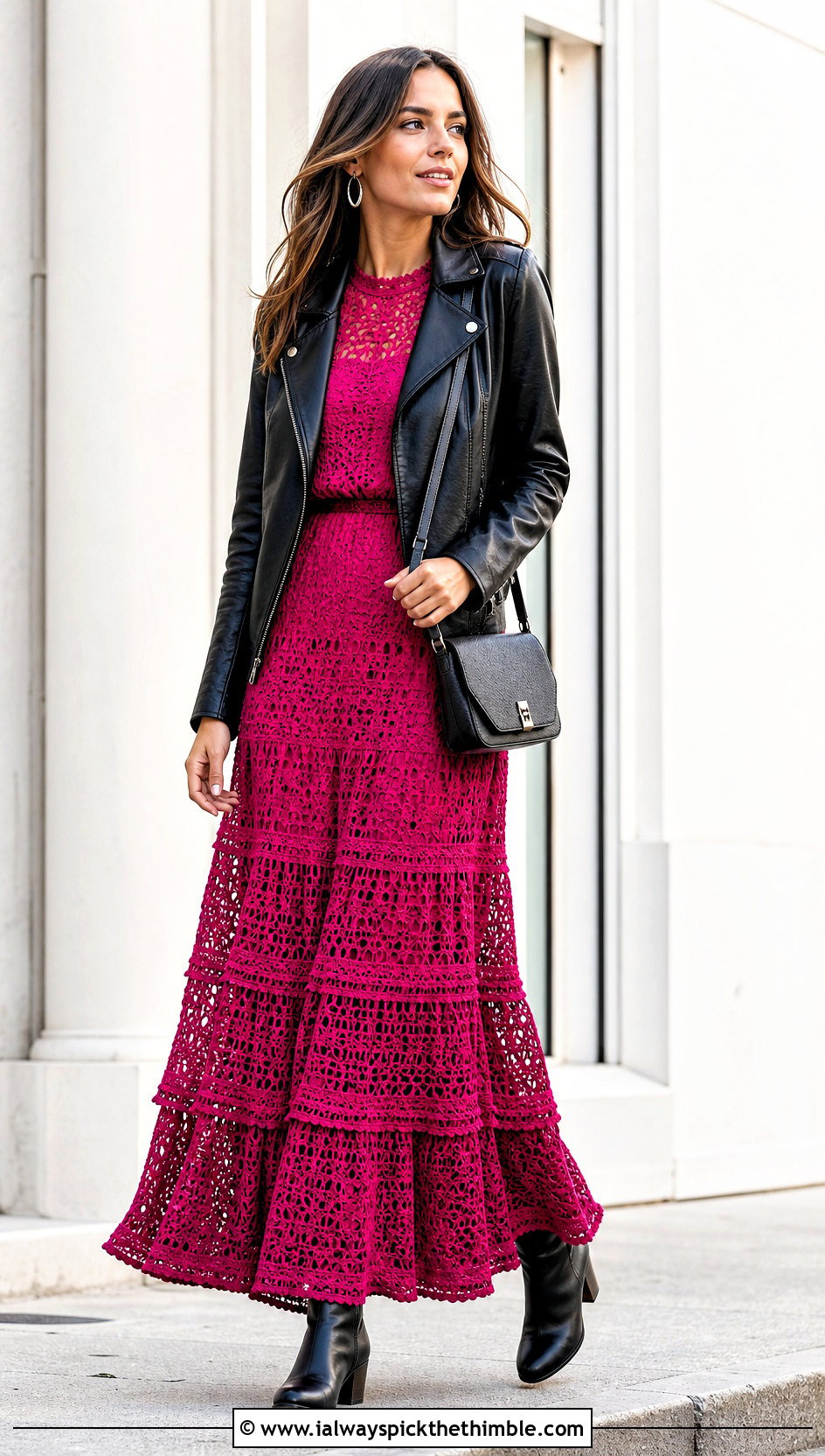 Crochet Tiered Maxi Dress With Leather Jacket - 20 modest crochet dress outfit ideas