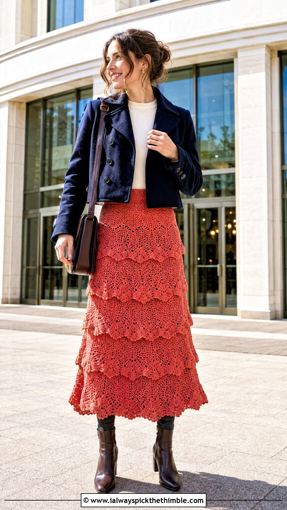Crochet Tiered Maxi Skirt With Cropped Peacoat - 25 crochet winter skirt outfit ideas