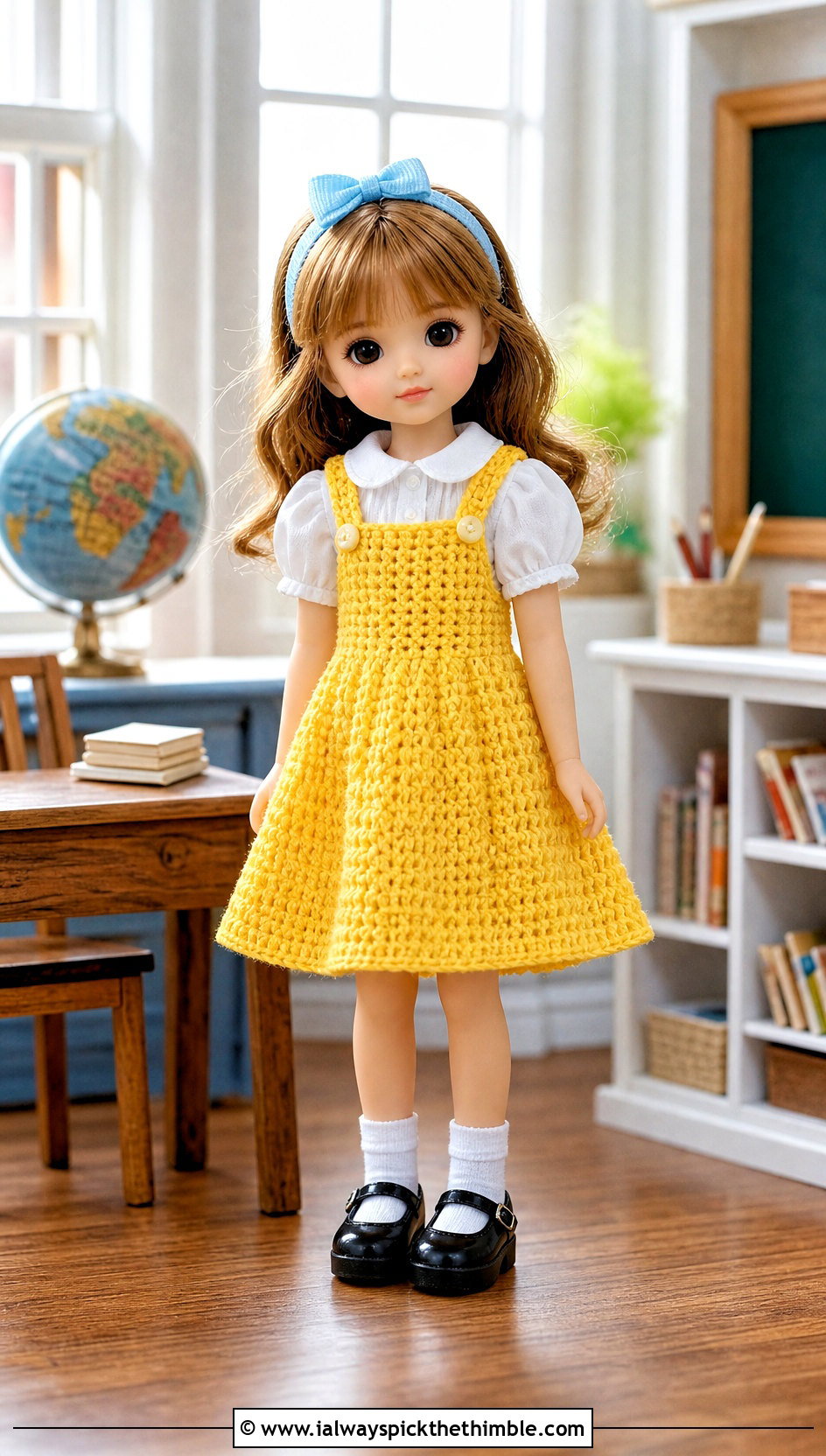 Crochet Tiny Doll Pinafore Dress With Puff Sleeve Blouse - 20 Crochet Tiny Doll Clothes and outfit ideas