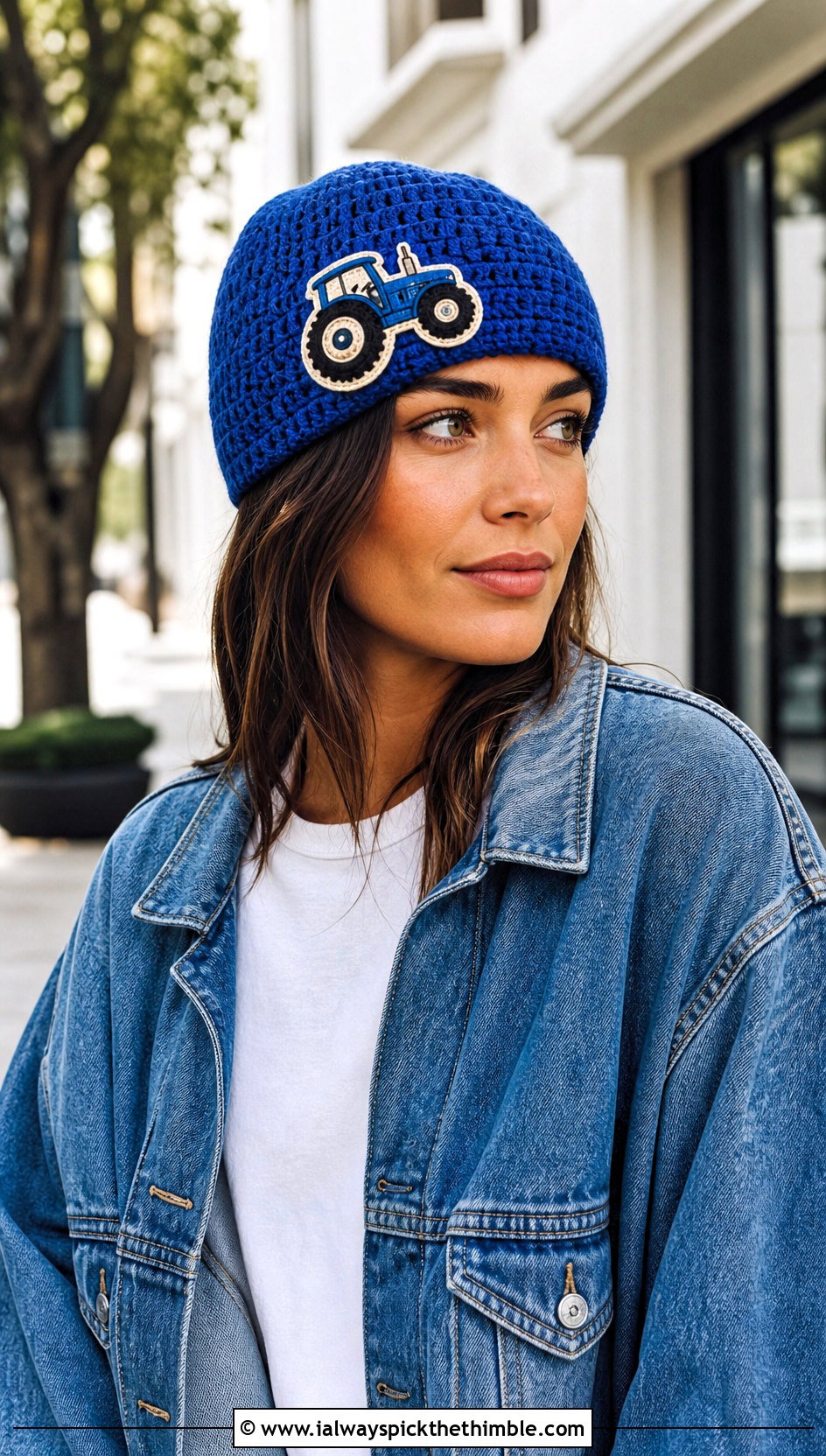 Crochet Tractor Applique Beanie With Denim Jacket - 20 Crochet Tractor Hat outfit ideas