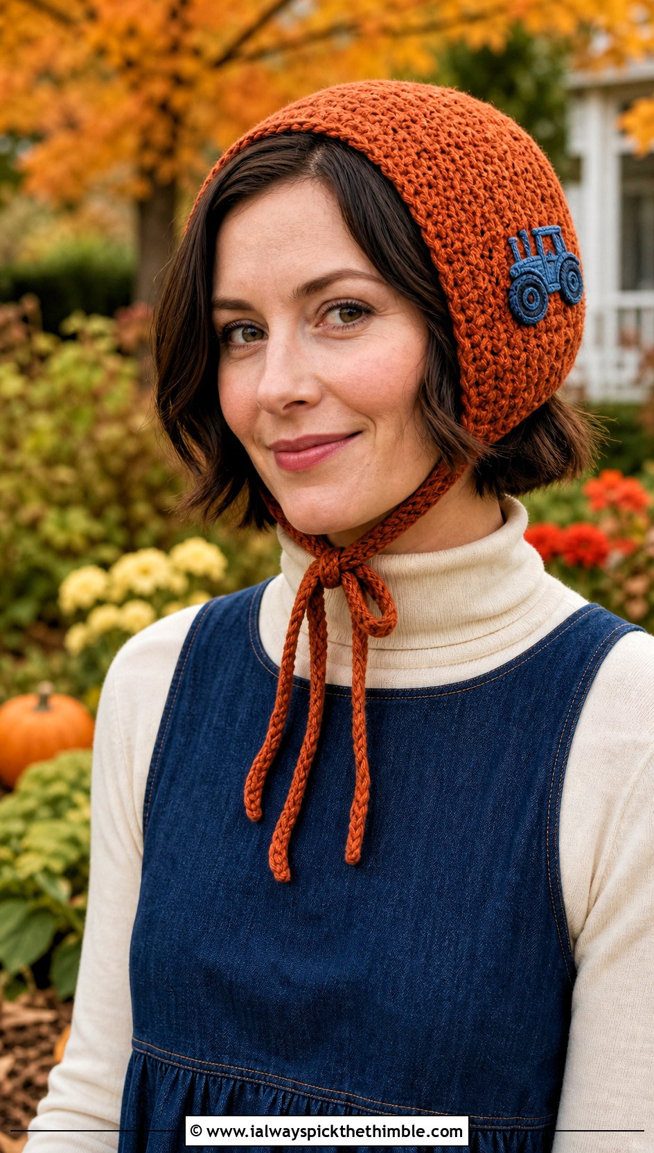 Crochet Tractor Bonnet With Denim Dress - 20 Crochet Tractor Hat outfit ideas