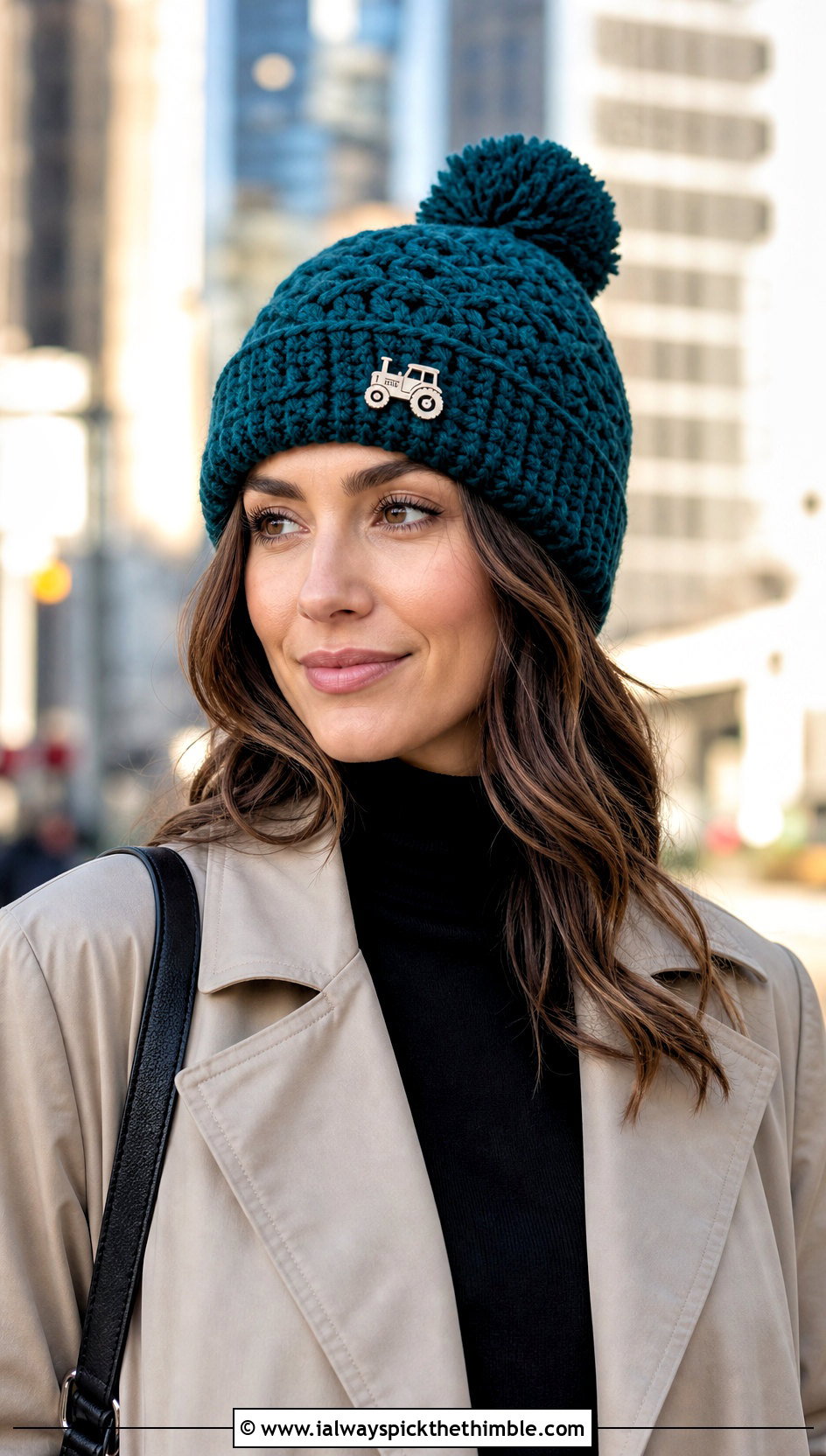 Crochet Tractor Pom Pom Beanie With Trench Coat - 20 Crochet Tractor Hat outfit ideas