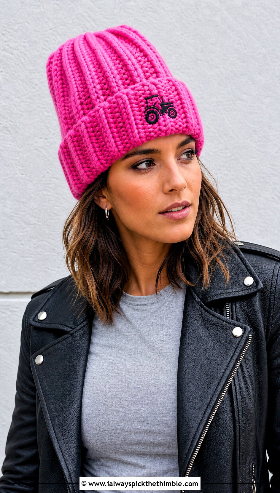 Crochet Tractor Ribbed Cuff Beanie With Leather Jacket - 20 Crochet Tractor Hat outfit ideas