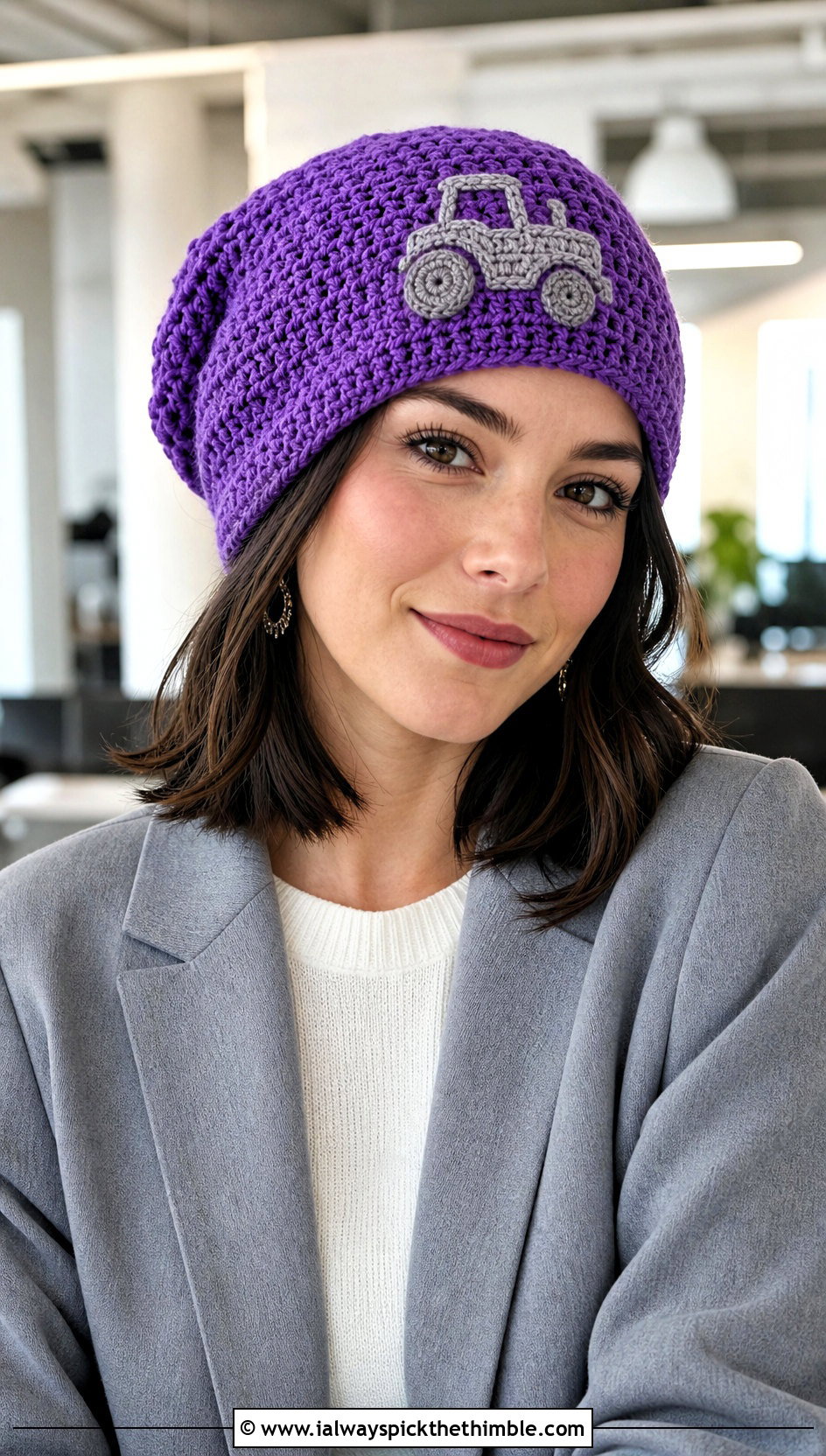 Crochet Tractor Slouchy Beanie With Blazer - 20 Crochet Tractor Hat outfit ideas
