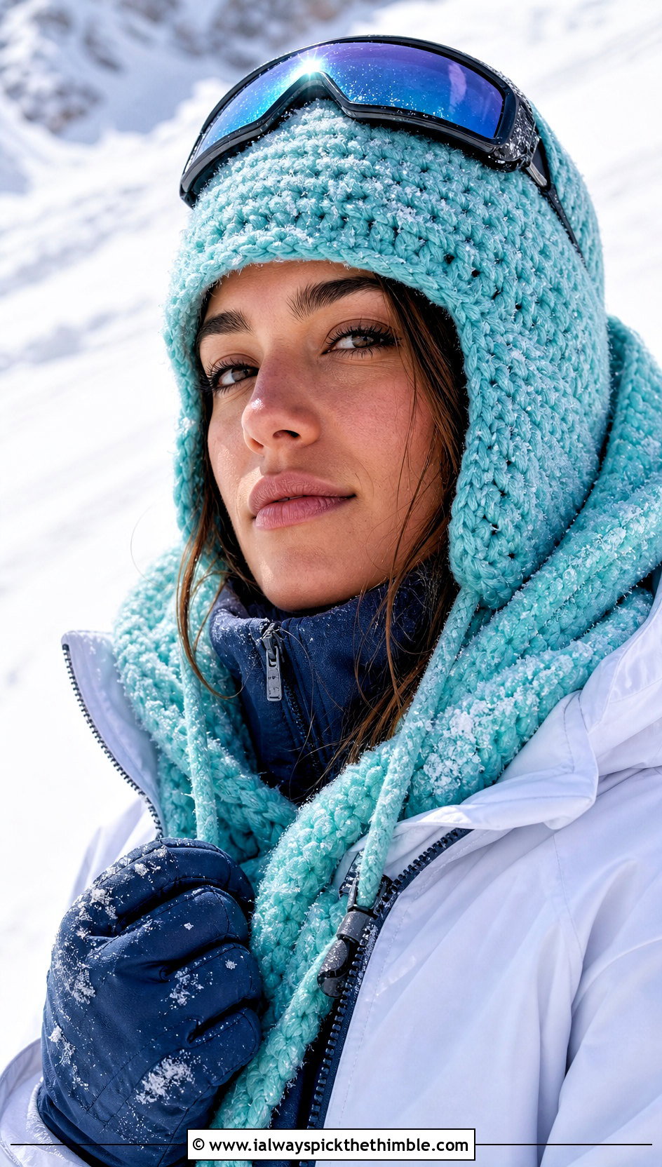 Crochet Trapper Hat And Hooded Scarf With Ski Jacket - 20 crochet hat and scarf outfit ideas
