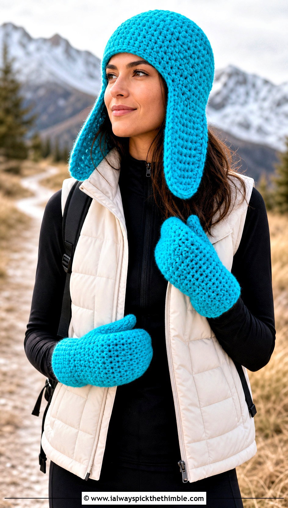 Crochet Trapper Hat And Mittens With An Athleisure Set - 15 Crochet Hat And Gloves outfit ideas