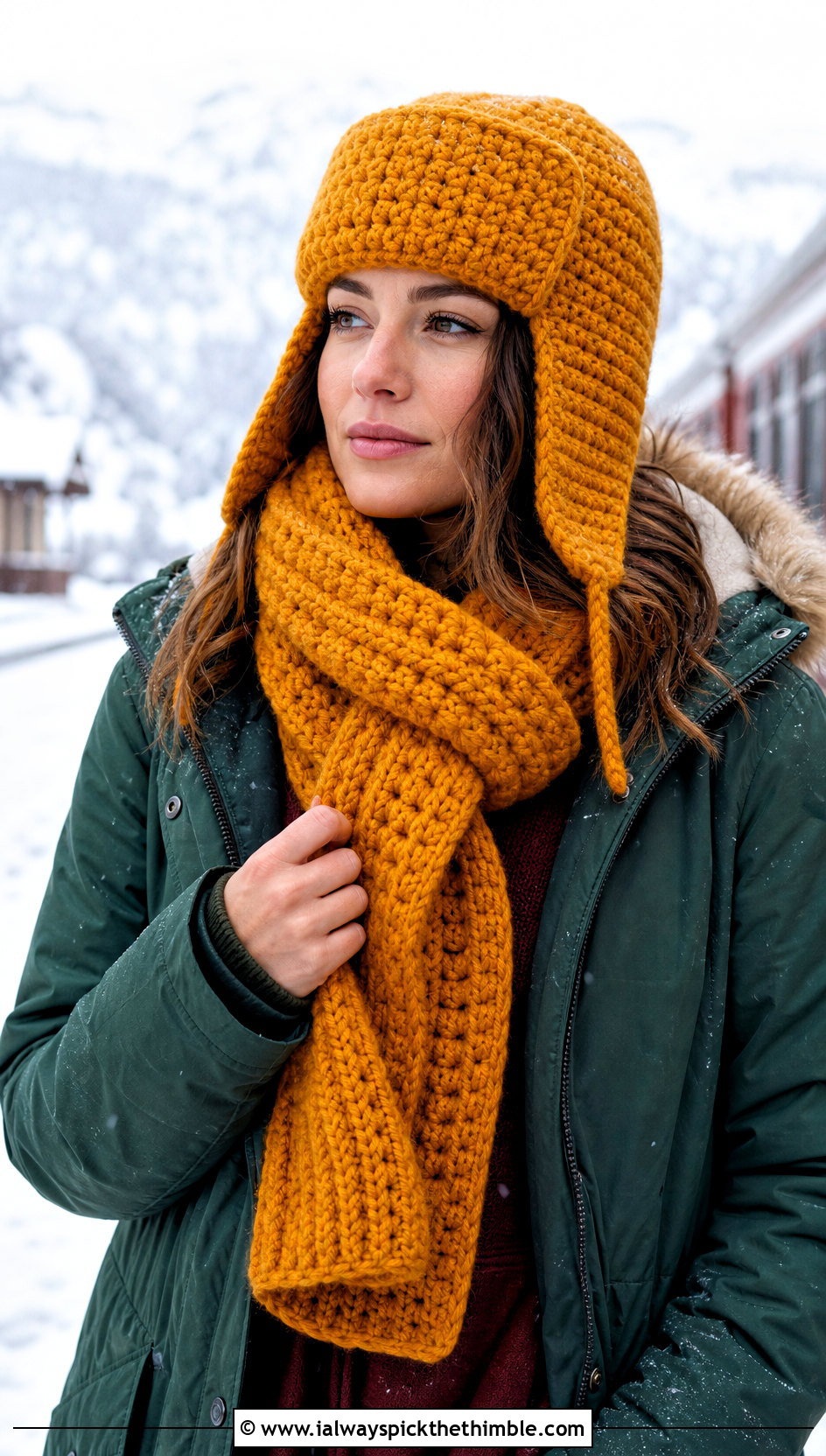 Crochet Trapper Hat And Oversized Scarf With Parka - 25 crochet hat and scarf set outfit ideas