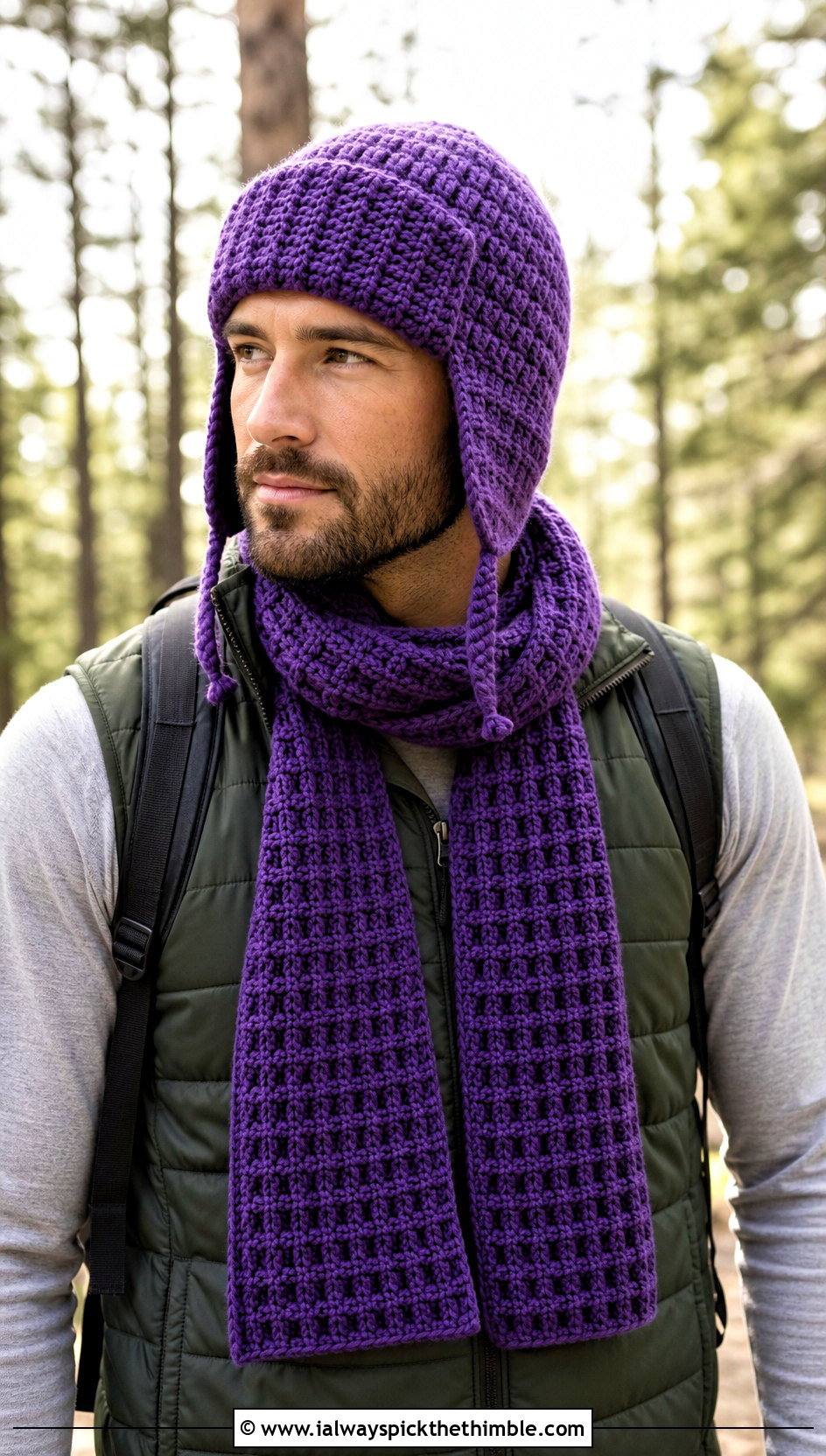 Crochet Trapper Hat And Waffle Stitch Scarf With Hiking Layers - 15 Mens Crochet Hat And Scarf outfit ideas