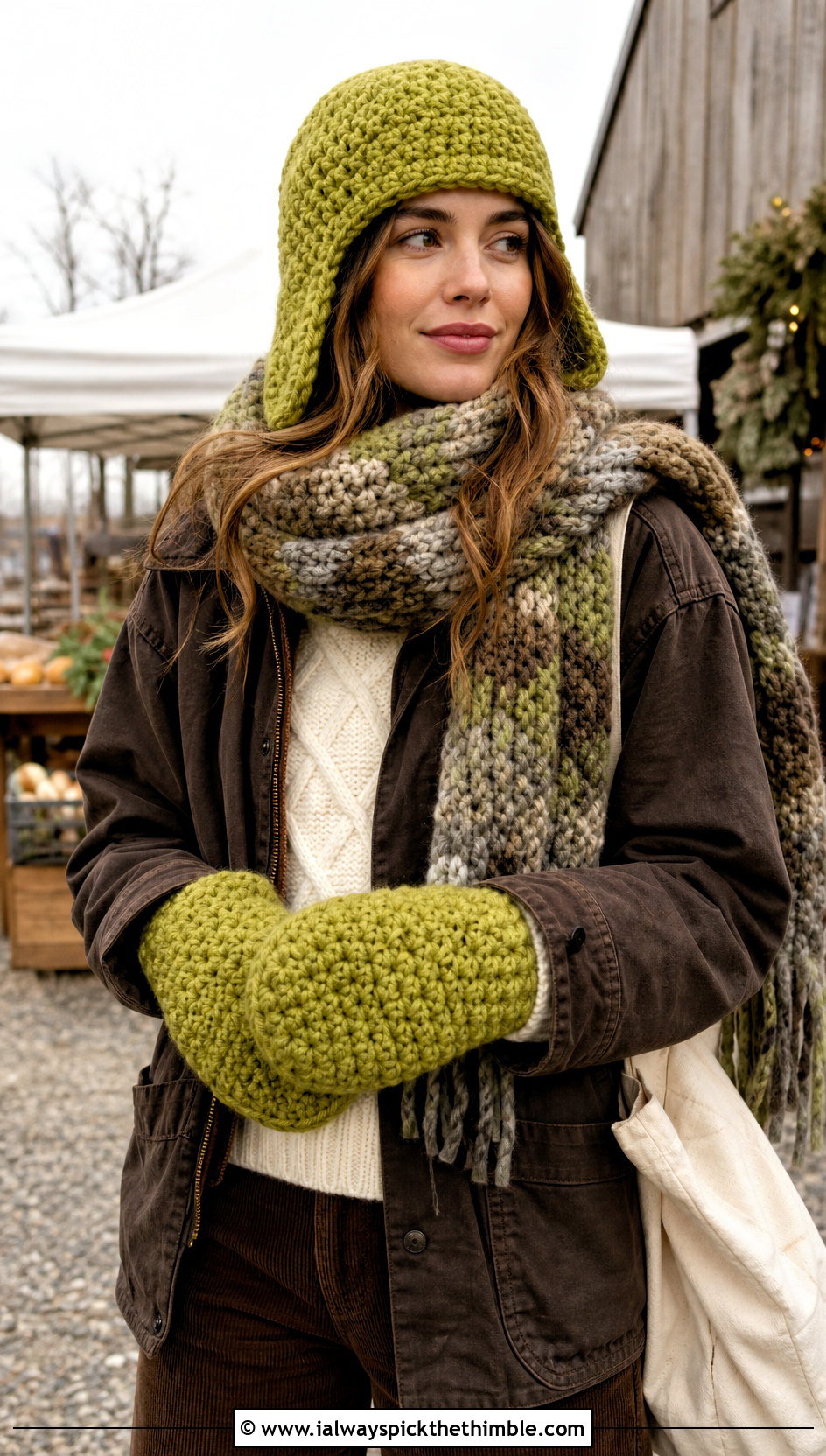 Crochet Trapper Hat Blanket Scarf And Mittens With Barn Jacket - 20 crochet hat scarf gloves set outfit ideas
