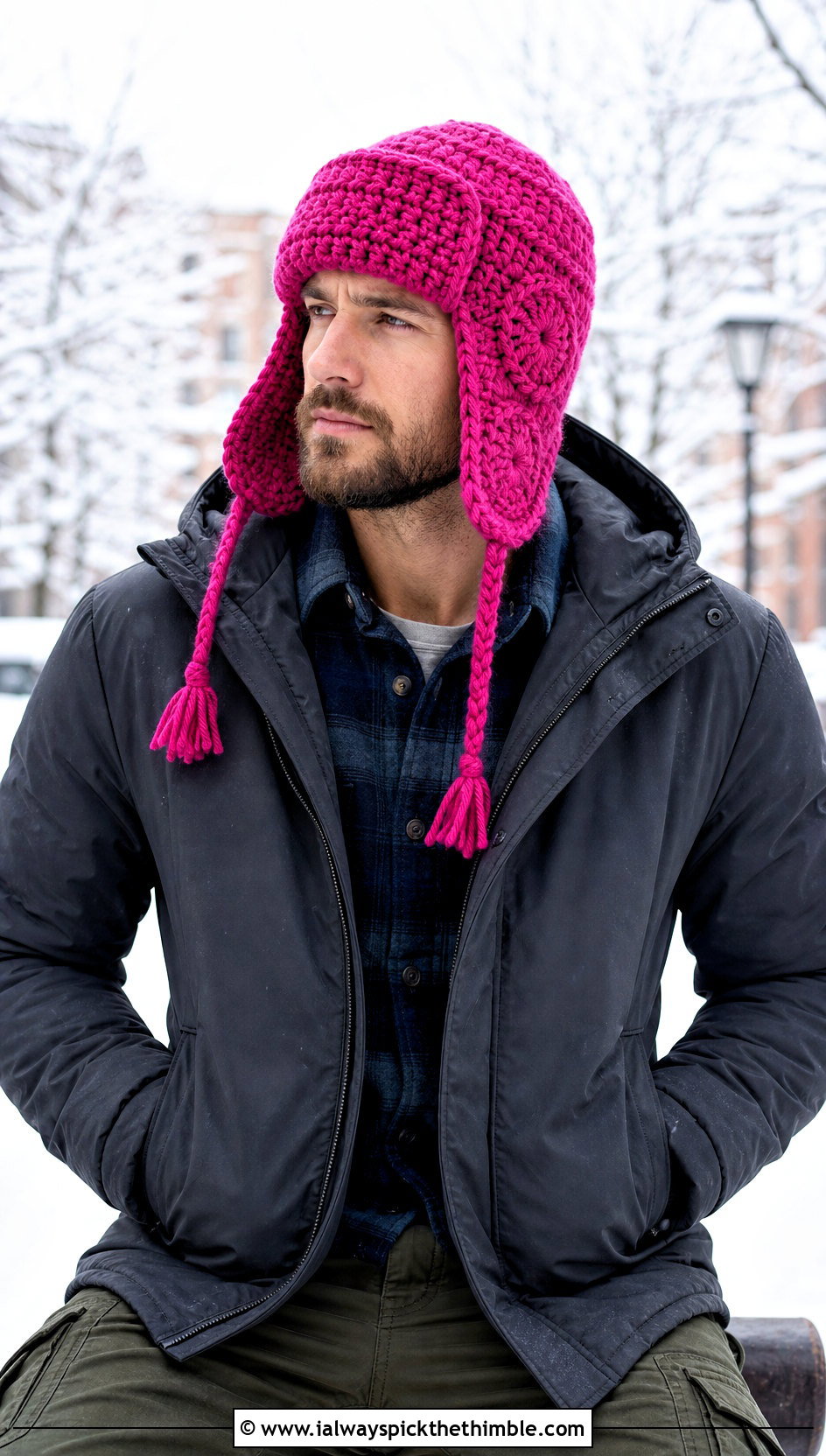 Crochet Trapper Hat With Parka And Cargo Pants - 20 men's crochet hats outfit ideas