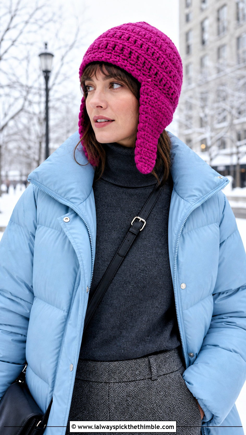 Crochet Trapper Hat With Puffer Coat And Midi Skirt - 25 cute crochet hat outfit ideas