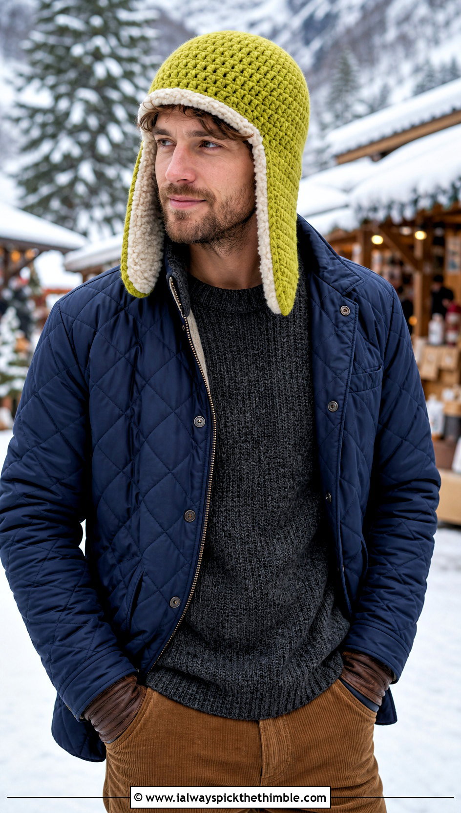 Crochet Trapper Hat With Quilted Jacket - 25 crochet hat for man outfit ideas