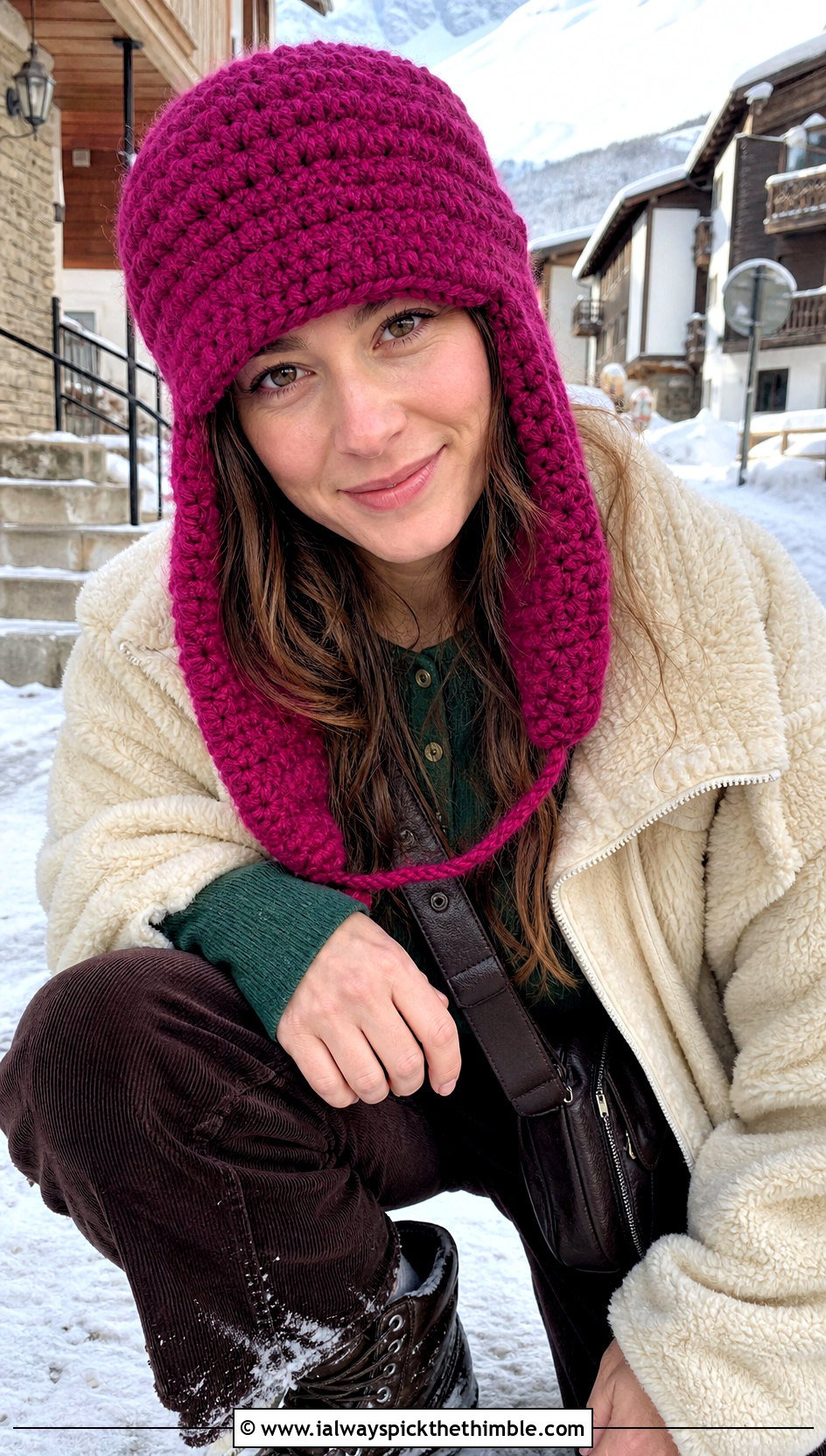 Crochet Trapper Hat With Shearling Jacket - 20 Women Crochet Hats outfit ideas